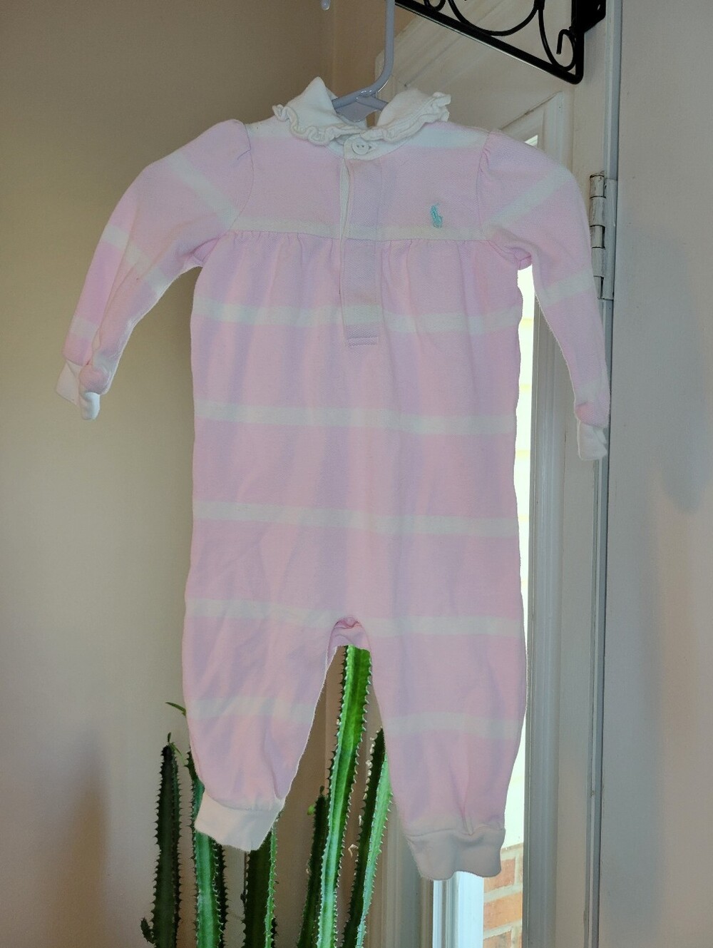 Vintage Polo Ralph Lauren Pink & White Striped Pony Logo One Piece, Size 3-6M‎
